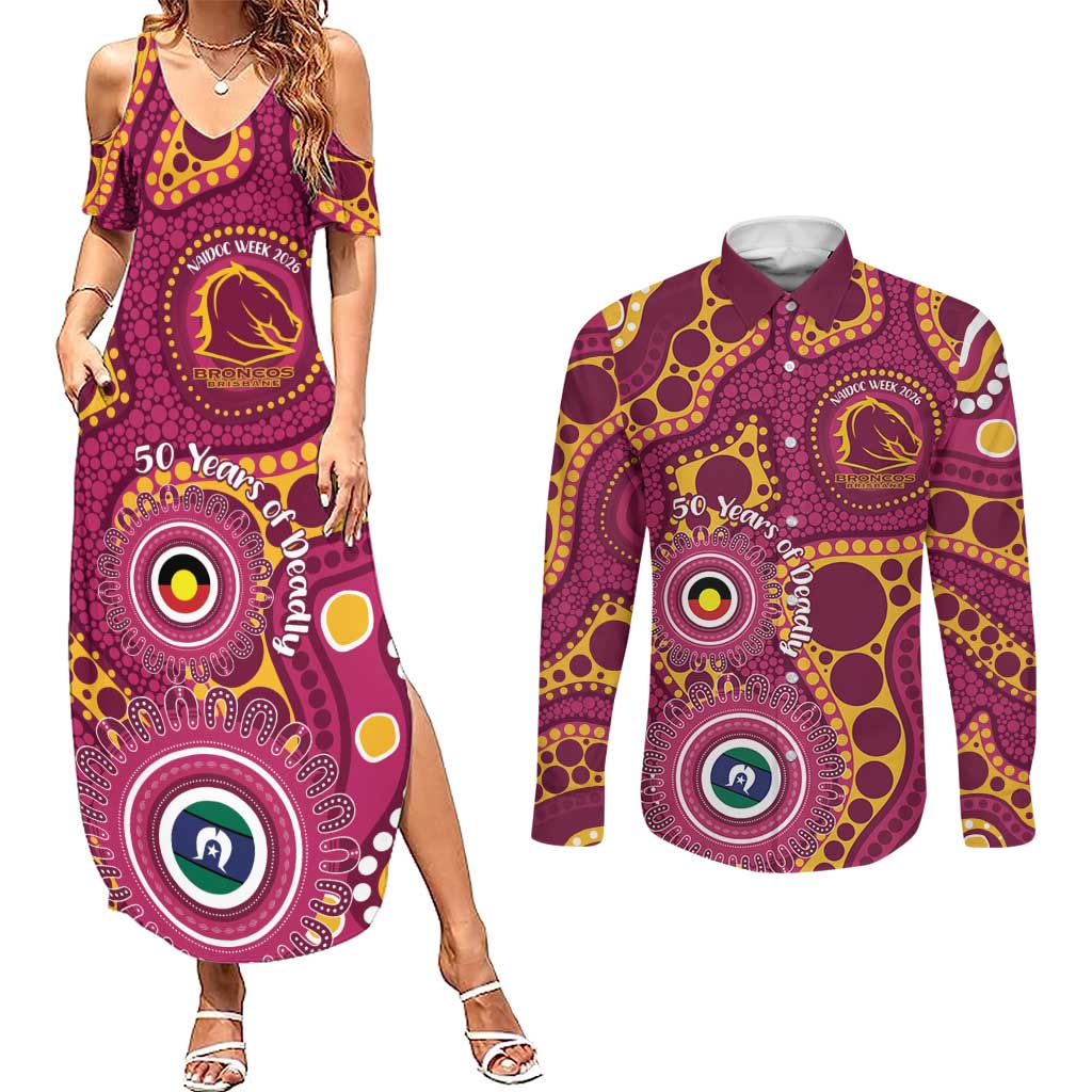 Broncos NAIDOC Week 2026 Personalised Couples Matching Summer Maxi Dress and Long Sleeve Button Shirt 50 Years of Deadly Aboriginal Art