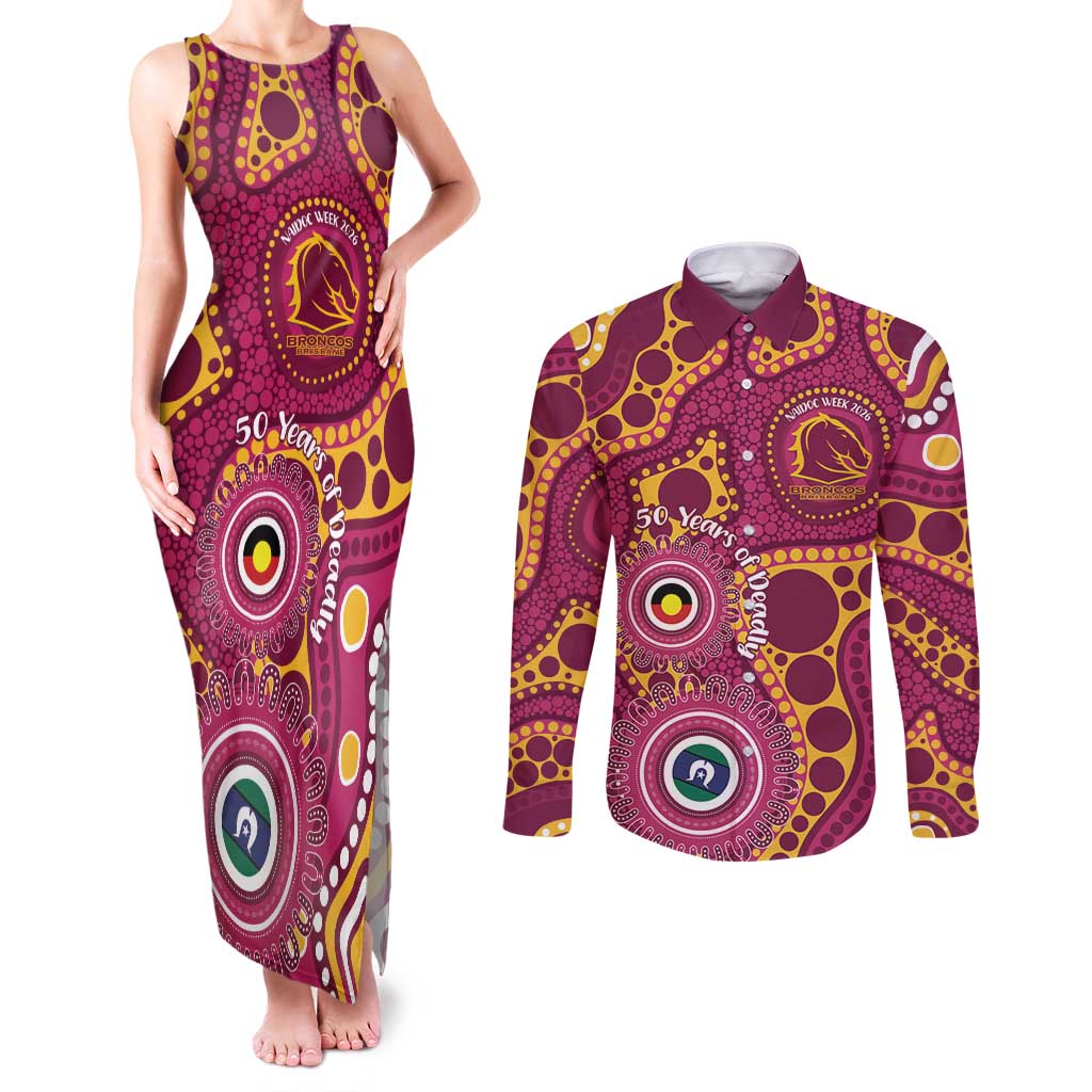 Broncos NAIDOC Week 2026 Personalised Couples Matching Tank Maxi Dress and Long Sleeve Button Shirt 50 Years of Deadly Aboriginal Art