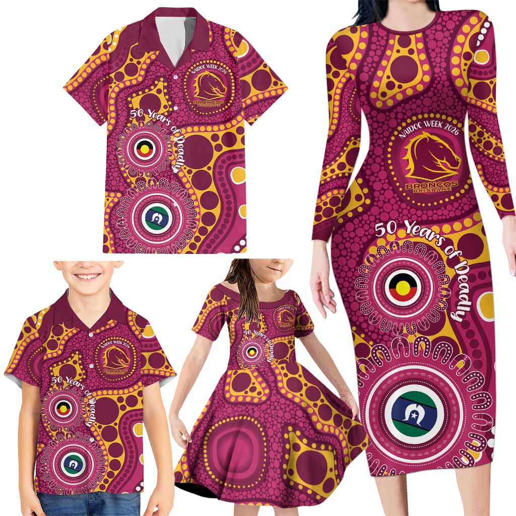Broncos NAIDOC Week 2026 Personalised Family Matching Long Sleeve Bodycon Dress and Hawaiian Shirt 50 Years of Deadly Aboriginal Art
