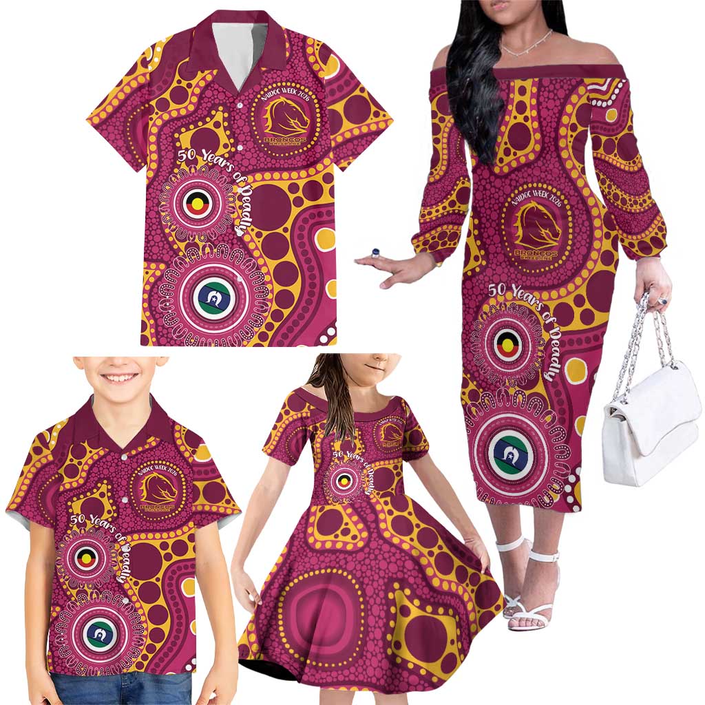 Broncos NAIDOC Week 2026 Personalised Family Matching Off The Shoulder Long Sleeve Dress and Hawaiian Shirt 50 Years of Deadly Aboriginal Art