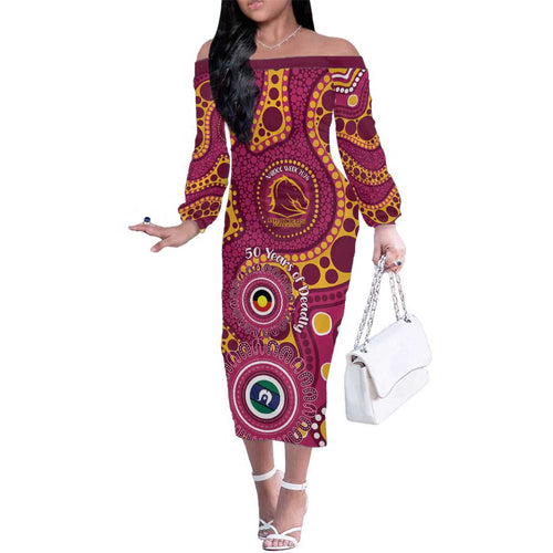 Broncos NAIDOC Week 2026 Personalised Family Matching Off The Shoulder Long Sleeve Dress and Hawaiian Shirt 50 Years of Deadly Aboriginal Art