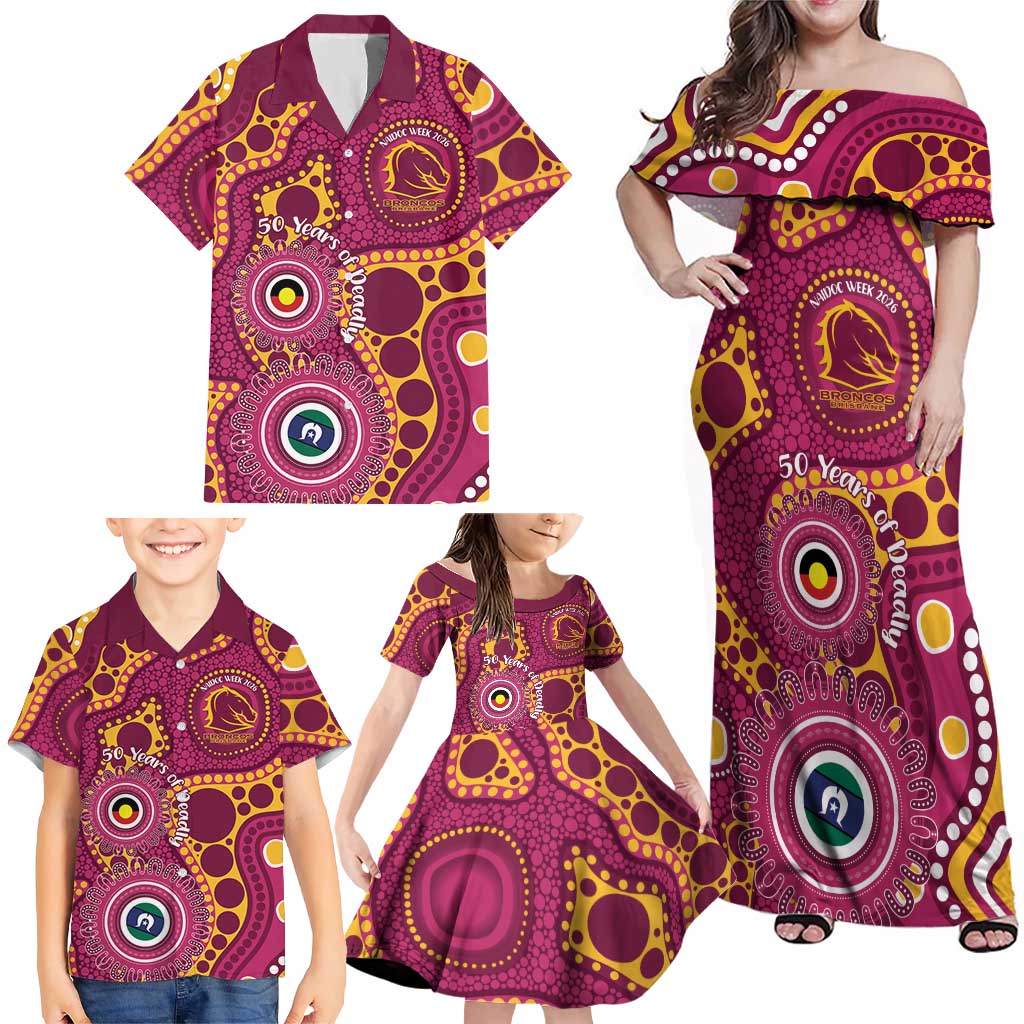 Broncos NAIDOC Week 2026 Personalised Family Matching Off Shoulder Maxi Dress and Hawaiian Shirt 50 Years of Deadly Aboriginal Art