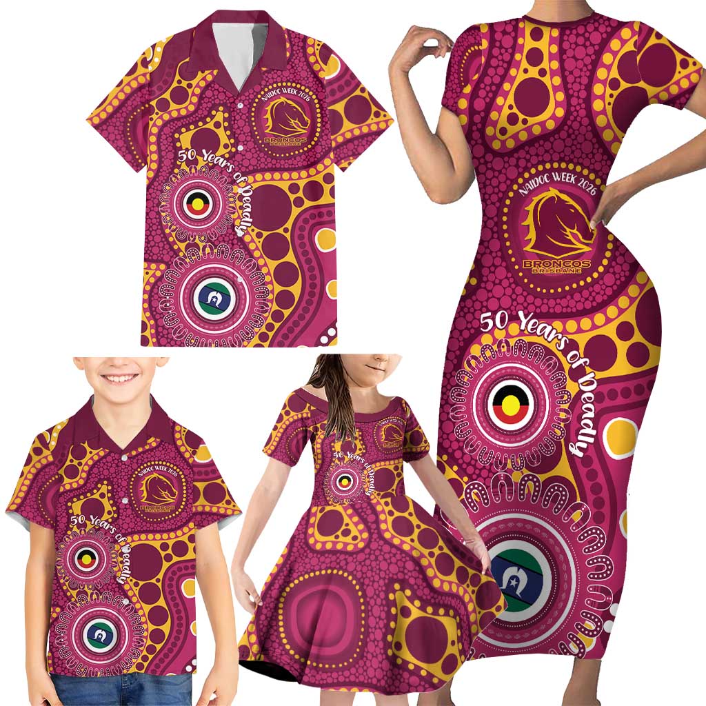 Broncos NAIDOC Week 2026 Personalised Family Matching Short Sleeve Bodycon Dress and Hawaiian Shirt 50 Years of Deadly Aboriginal Art