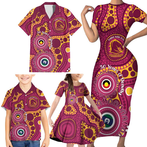 Broncos NAIDOC Week 2026 Personalised Family Matching Short Sleeve Bodycon Dress and Hawaiian Shirt 50 Years of Deadly Aboriginal Art