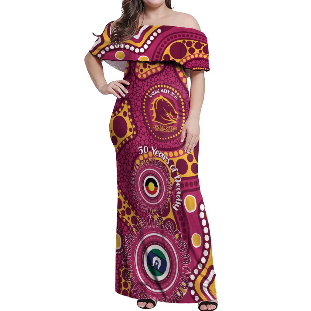 Broncos NAIDOC Week 2026 Personalised Off Shoulder Maxi Dress 50 Years of Deadly Aboriginal Art