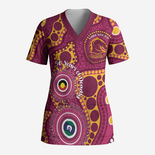 Broncos NAIDOC Week 2026 Personalised Scrub Top 50 Years of Deadly Aboriginal Art