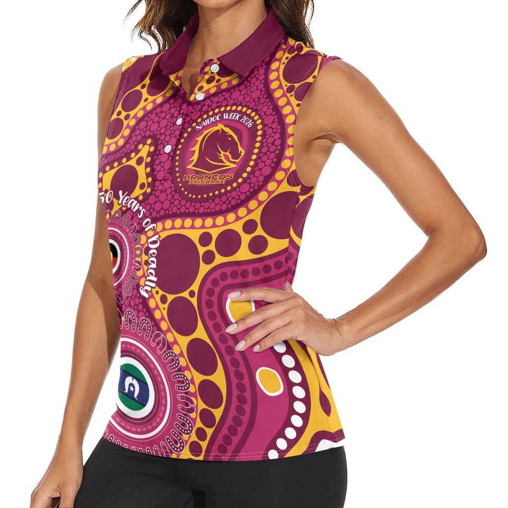 Broncos NAIDOC Week 2026 Personalised Women Sleeveless Polo Shirt 50 Years of Deadly Aboriginal Art