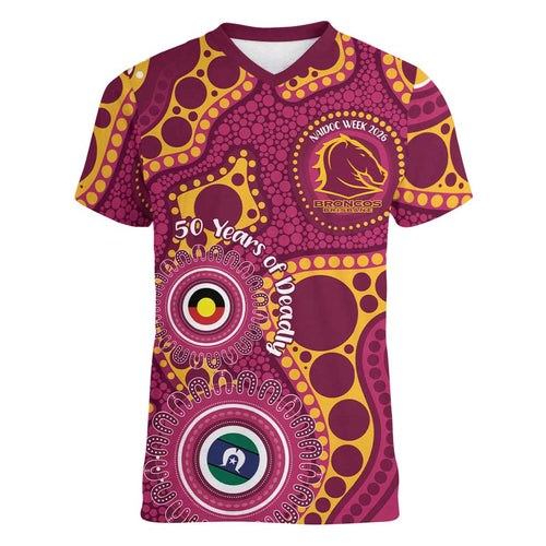 Broncos NAIDOC Week 2026 Personalised Women V-Neck T-Shirt 50 Years of Deadly Aboriginal Art