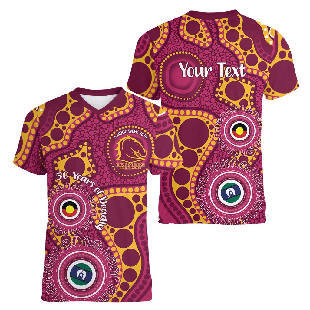 Broncos NAIDOC Week 2026 Personalised Women V-Neck T-Shirt 50 Years of Deadly Aboriginal Art