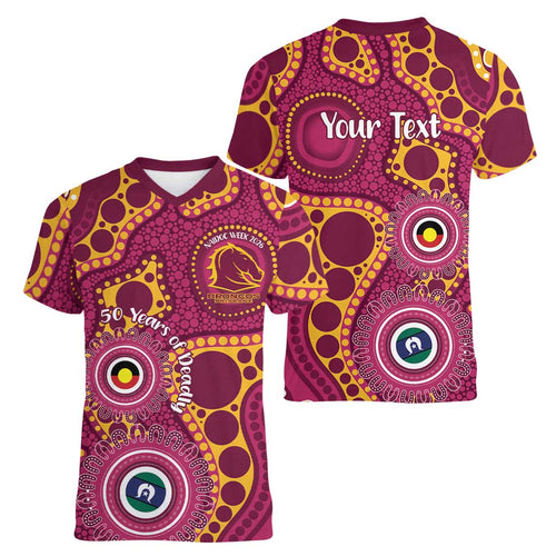 Broncos NAIDOC Week 2026 Personalised Women V-Neck T-Shirt 50 Years of Deadly Aboriginal Art