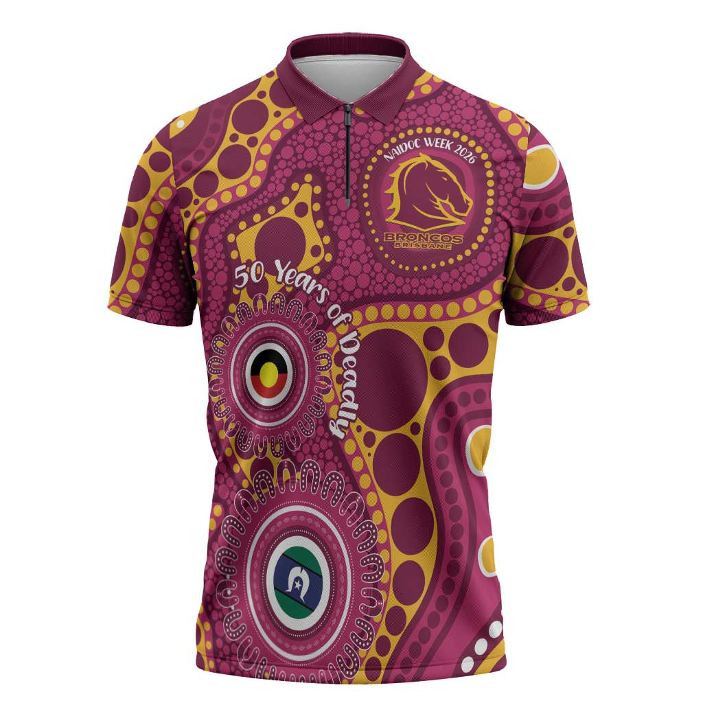 Broncos NAIDOC Week 2026 Personalised Zipper Polo Shirt 50 Years of Deadly Aboriginal Art