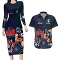 Demons And Blues Football Couples Matching Long Sleeve Bodycon Dress and Hawaiian Shirt Melbourne And Calrton Mascots Aboriginal Art