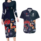 Demons And Blues Football Couples Matching Long Sleeve Bodycon Dress and Hawaiian Shirt Melbourne And Calrton Mascots Aboriginal Art