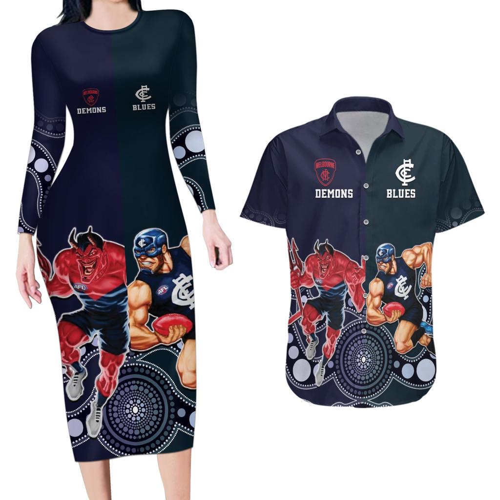 Demons And Blues Football Couples Matching Long Sleeve Bodycon Dress and Hawaiian Shirt Melbourne And Calrton Mascots Aboriginal Art