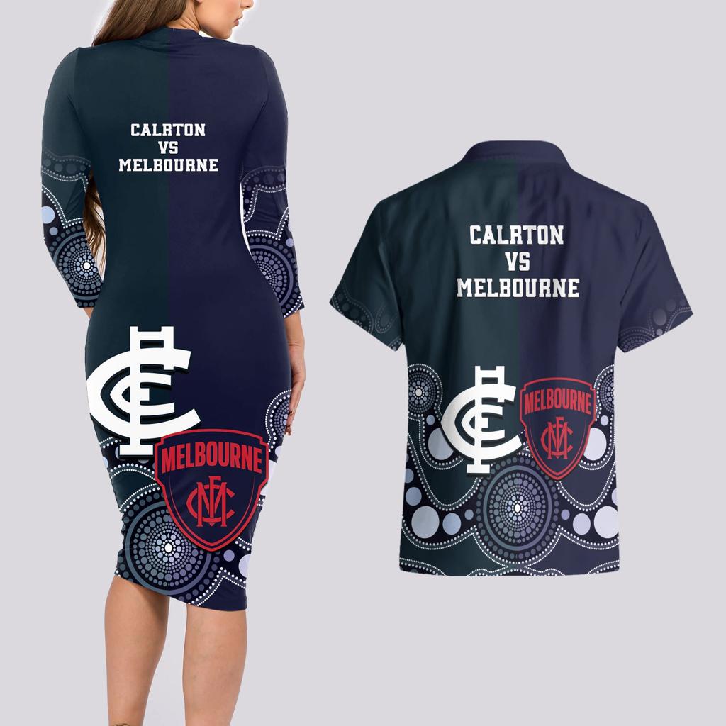 Demons And Blues Football Couples Matching Long Sleeve Bodycon Dress and Hawaiian Shirt Melbourne And Calrton Mascots Aboriginal Art