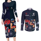Demons And Blues Football Couples Matching Long Sleeve Bodycon Dress and Long Sleeve Button Shirt Melbourne And Calrton Mascots Aboriginal Art
