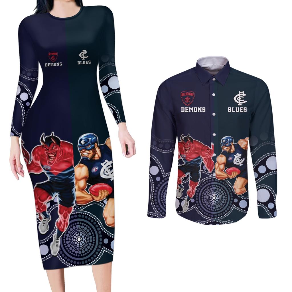 Demons And Blues Football Couples Matching Long Sleeve Bodycon Dress and Long Sleeve Button Shirt Melbourne And Calrton Mascots Aboriginal Art