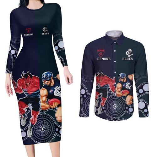 Demons And Blues Football Couples Matching Long Sleeve Bodycon Dress and Long Sleeve Button Shirt Melbourne And Calrton Mascots Aboriginal Art