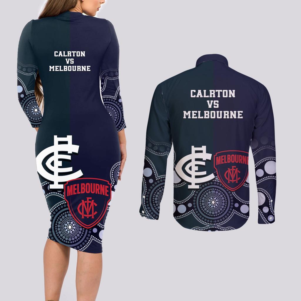 Demons And Blues Football Couples Matching Long Sleeve Bodycon Dress and Long Sleeve Button Shirt Melbourne And Calrton Mascots Aboriginal Art