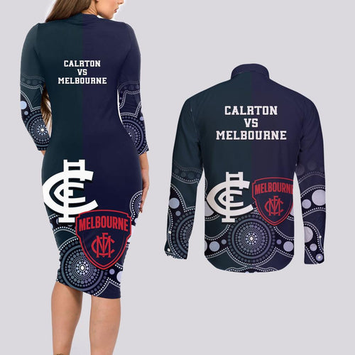 Demons And Blues Football Couples Matching Long Sleeve Bodycon Dress and Long Sleeve Button Shirt Melbourne And Calrton Mascots Aboriginal Art