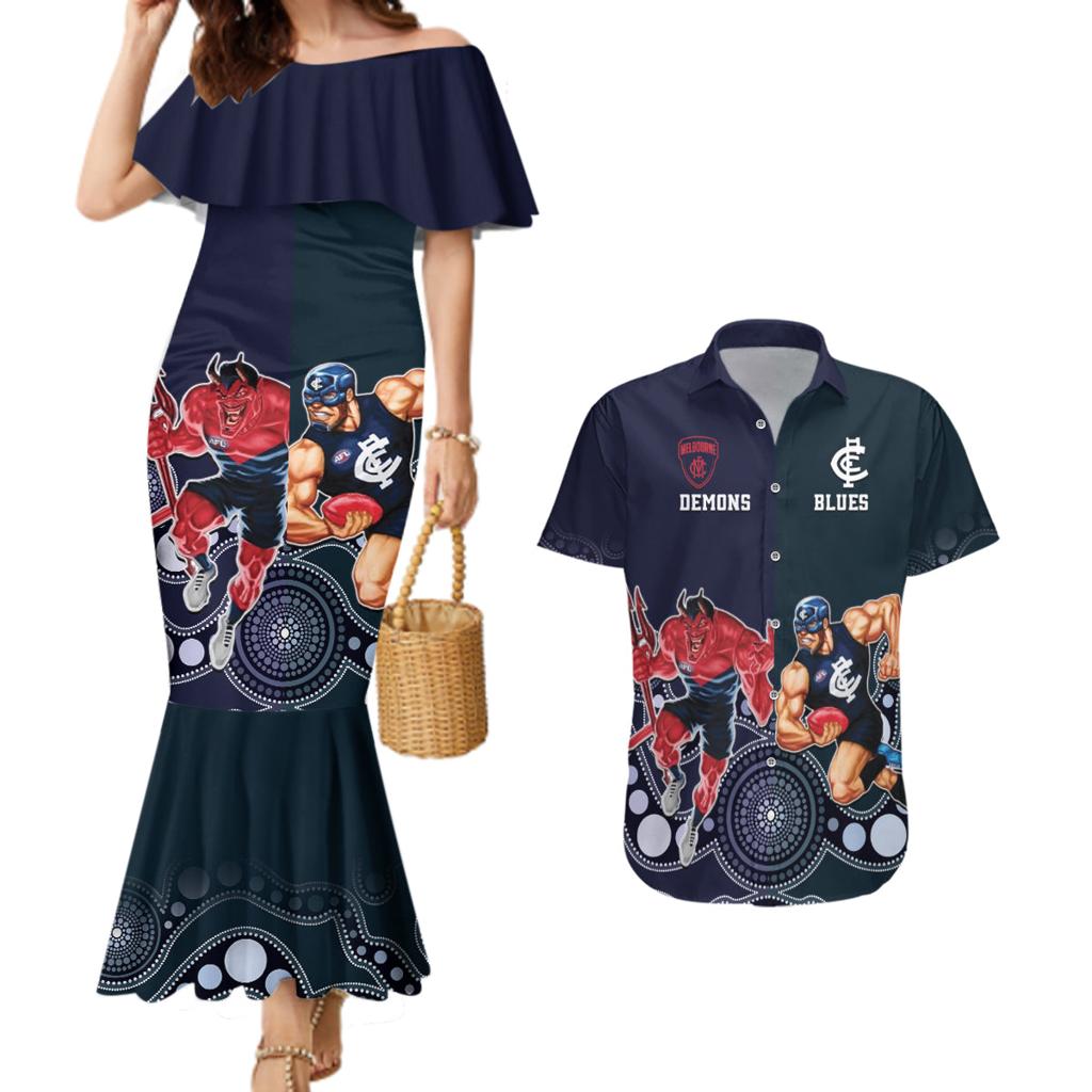 Demons And Blues Football Couples Matching Mermaid Dress and Hawaiian Shirt Melbourne And Calrton Mascots Aboriginal Art