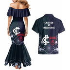 Demons And Blues Football Couples Matching Mermaid Dress and Hawaiian Shirt Melbourne And Calrton Mascots Aboriginal Art