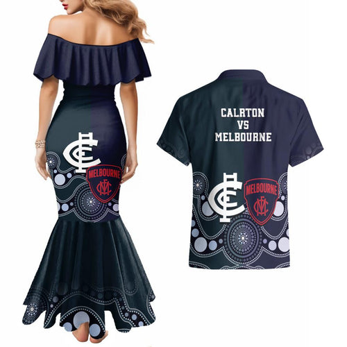 Demons And Blues Football Couples Matching Mermaid Dress and Hawaiian Shirt Melbourne And Calrton Mascots Aboriginal Art