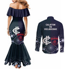 Demons And Blues Football Couples Matching Mermaid Dress and Long Sleeve Button Shirt Melbourne And Calrton Mascots Aboriginal Art