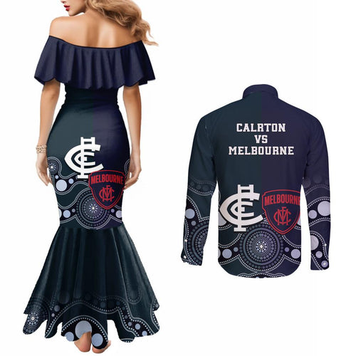 Demons And Blues Football Couples Matching Mermaid Dress and Long Sleeve Button Shirt Melbourne And Calrton Mascots Aboriginal Art