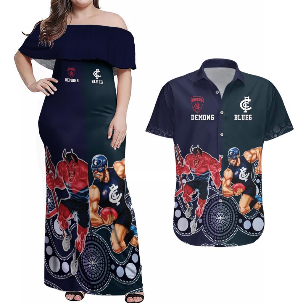 Demons And Blues Football Couples Matching Off Shoulder Maxi Dress and Hawaiian Shirt Melbourne And Calrton Mascots Aboriginal Art