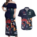 Demons And Blues Football Couples Matching Off Shoulder Maxi Dress and Hawaiian Shirt Melbourne And Calrton Mascots Aboriginal Art