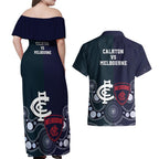 Demons And Blues Football Couples Matching Off Shoulder Maxi Dress and Hawaiian Shirt Melbourne And Calrton Mascots Aboriginal Art