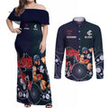 Demons And Blues Football Couples Matching Off Shoulder Maxi Dress and Long Sleeve Button Shirt Melbourne And Calrton Mascots Aboriginal Art