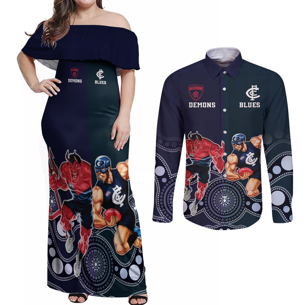Demons And Blues Football Couples Matching Off Shoulder Maxi Dress and Long Sleeve Button Shirt Melbourne And Calrton Mascots Aboriginal Art
