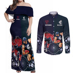 Demons And Blues Football Couples Matching Off Shoulder Maxi Dress and Long Sleeve Button Shirt Melbourne And Calrton Mascots Aboriginal Art