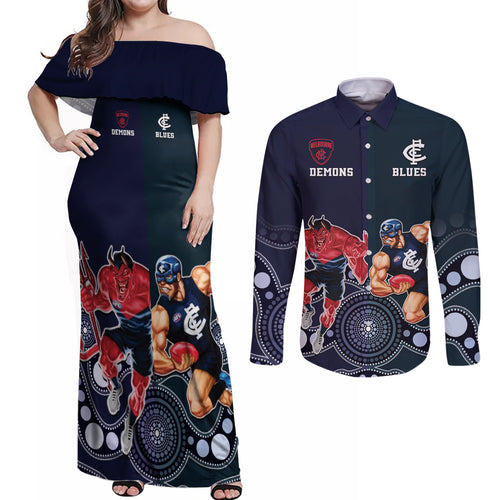 Demons And Blues Football Couples Matching Off Shoulder Maxi Dress and Long Sleeve Button Shirt Melbourne And Calrton Mascots Aboriginal Art