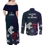 Demons And Blues Football Couples Matching Off Shoulder Maxi Dress and Long Sleeve Button Shirt Melbourne And Calrton Mascots Aboriginal Art