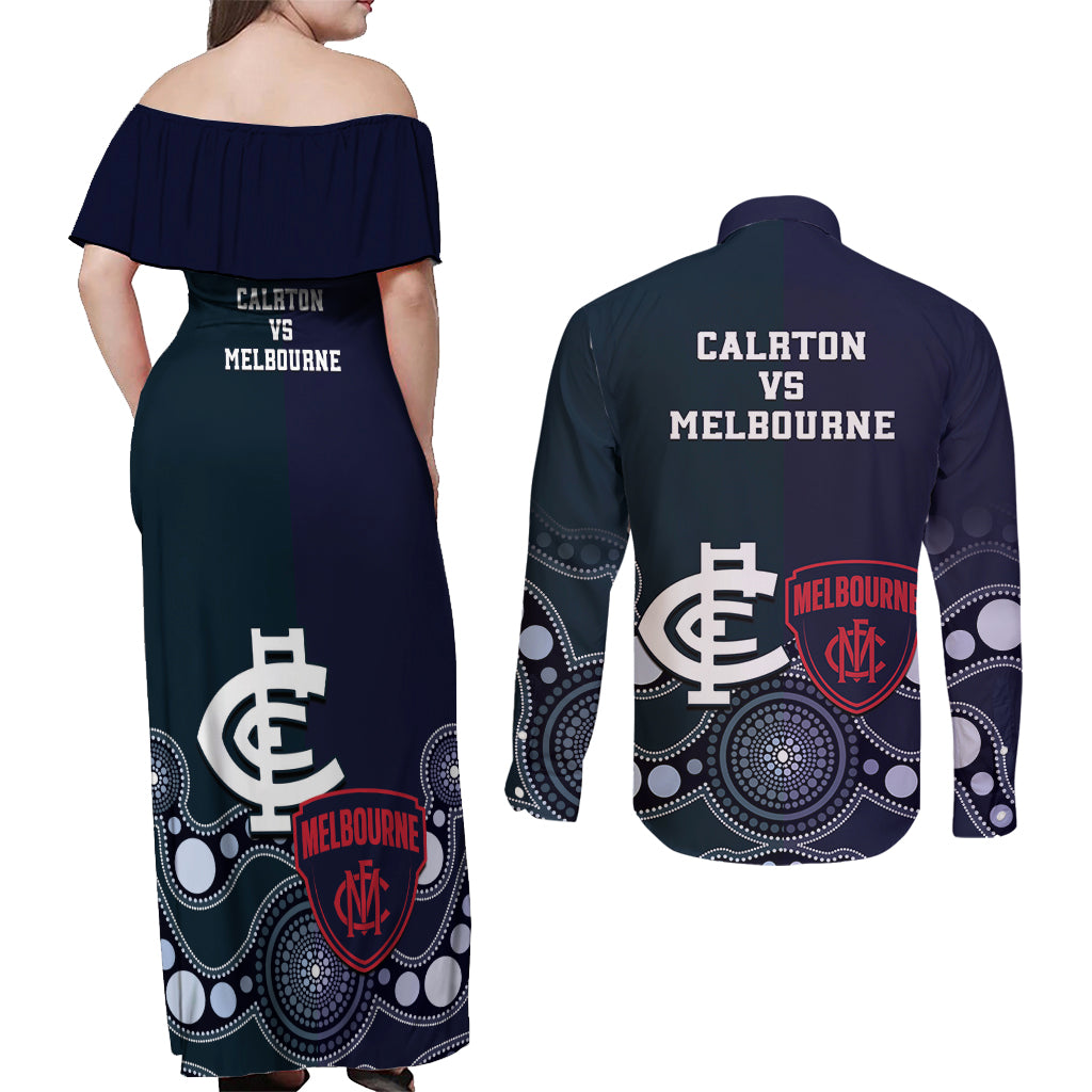 Demons And Blues Football Couples Matching Off Shoulder Maxi Dress and Long Sleeve Button Shirt Melbourne And Calrton Mascots Aboriginal Art