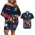 Demons And Blues Football Couples Matching Off Shoulder Short Dress and Hawaiian Shirt Melbourne And Calrton Mascots Aboriginal Art