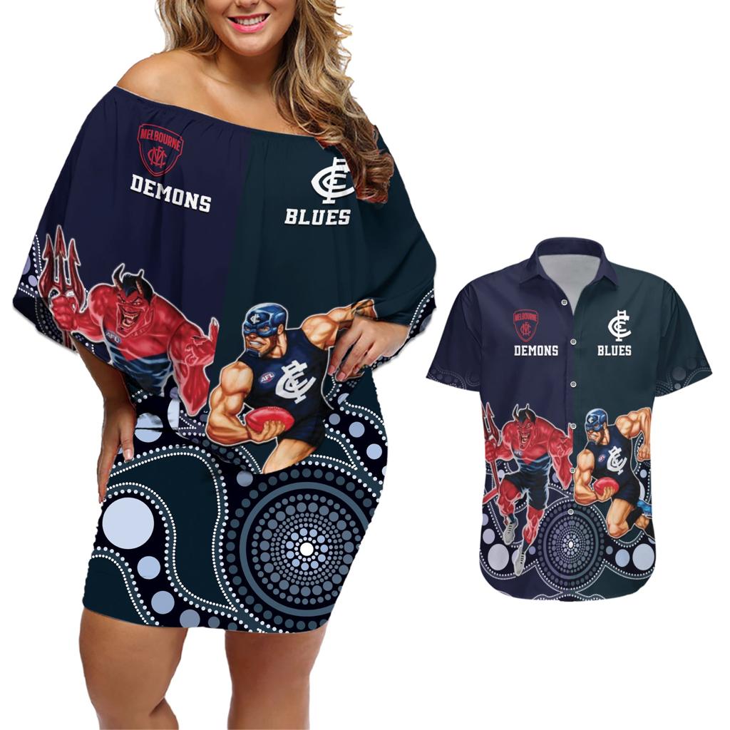 Demons And Blues Football Couples Matching Off Shoulder Short Dress and Hawaiian Shirt Melbourne And Calrton Mascots Aboriginal Art