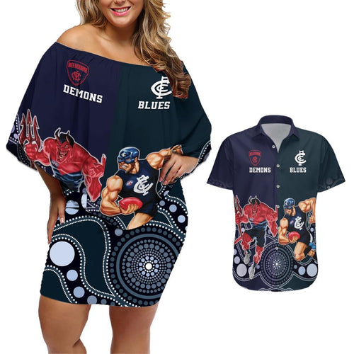 Demons And Blues Football Couples Matching Off Shoulder Short Dress and Hawaiian Shirt Melbourne And Calrton Mascots Aboriginal Art