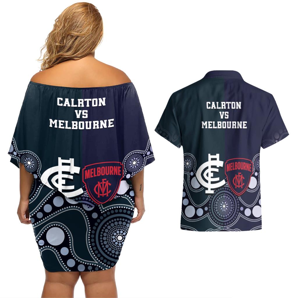 Demons And Blues Football Couples Matching Off Shoulder Short Dress and Hawaiian Shirt Melbourne And Calrton Mascots Aboriginal Art