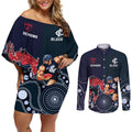 Demons And Blues Football Couples Matching Off Shoulder Short Dress and Long Sleeve Button Shirt Melbourne And Calrton Mascots Aboriginal Art