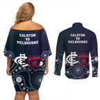 Demons And Blues Football Couples Matching Off Shoulder Short Dress and Long Sleeve Button Shirt Melbourne And Calrton Mascots Aboriginal Art
