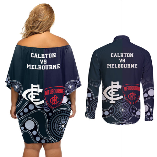 Demons And Blues Football Couples Matching Off Shoulder Short Dress and Long Sleeve Button Shirt Melbourne And Calrton Mascots Aboriginal Art