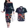 Demons And Blues Football Couples Matching Off The Shoulder Long Sleeve Dress and Hawaiian Shirt Melbourne And Calrton Mascots Aboriginal Art