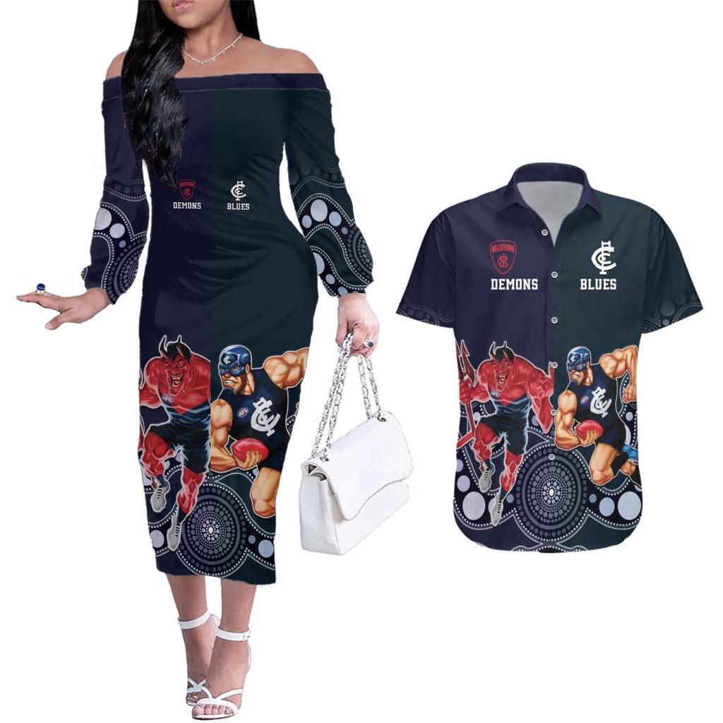 Demons And Blues Football Couples Matching Off The Shoulder Long Sleeve Dress and Hawaiian Shirt Melbourne And Calrton Mascots Aboriginal Art