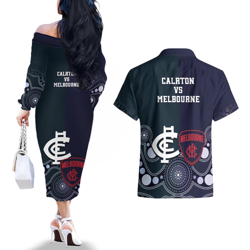 Demons And Blues Football Couples Matching Off The Shoulder Long Sleeve Dress and Hawaiian Shirt Melbourne And Calrton Mascots Aboriginal Art