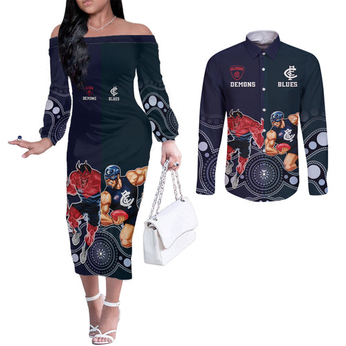 Demons And Blues Football Couples Matching Off The Shoulder Long Sleeve Dress and Long Sleeve Button Shirt Melbourne And Calrton Mascots Aboriginal Art