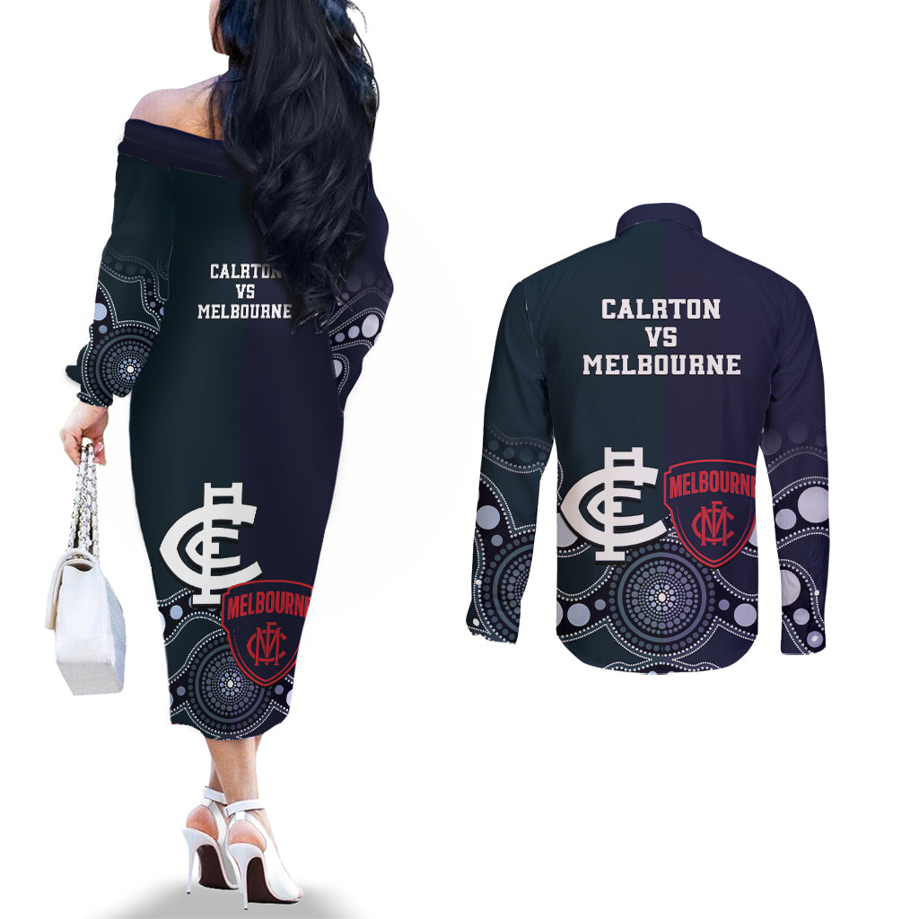 Demons And Blues Football Couples Matching Off The Shoulder Long Sleeve Dress and Long Sleeve Button Shirt Melbourne And Calrton Mascots Aboriginal Art
